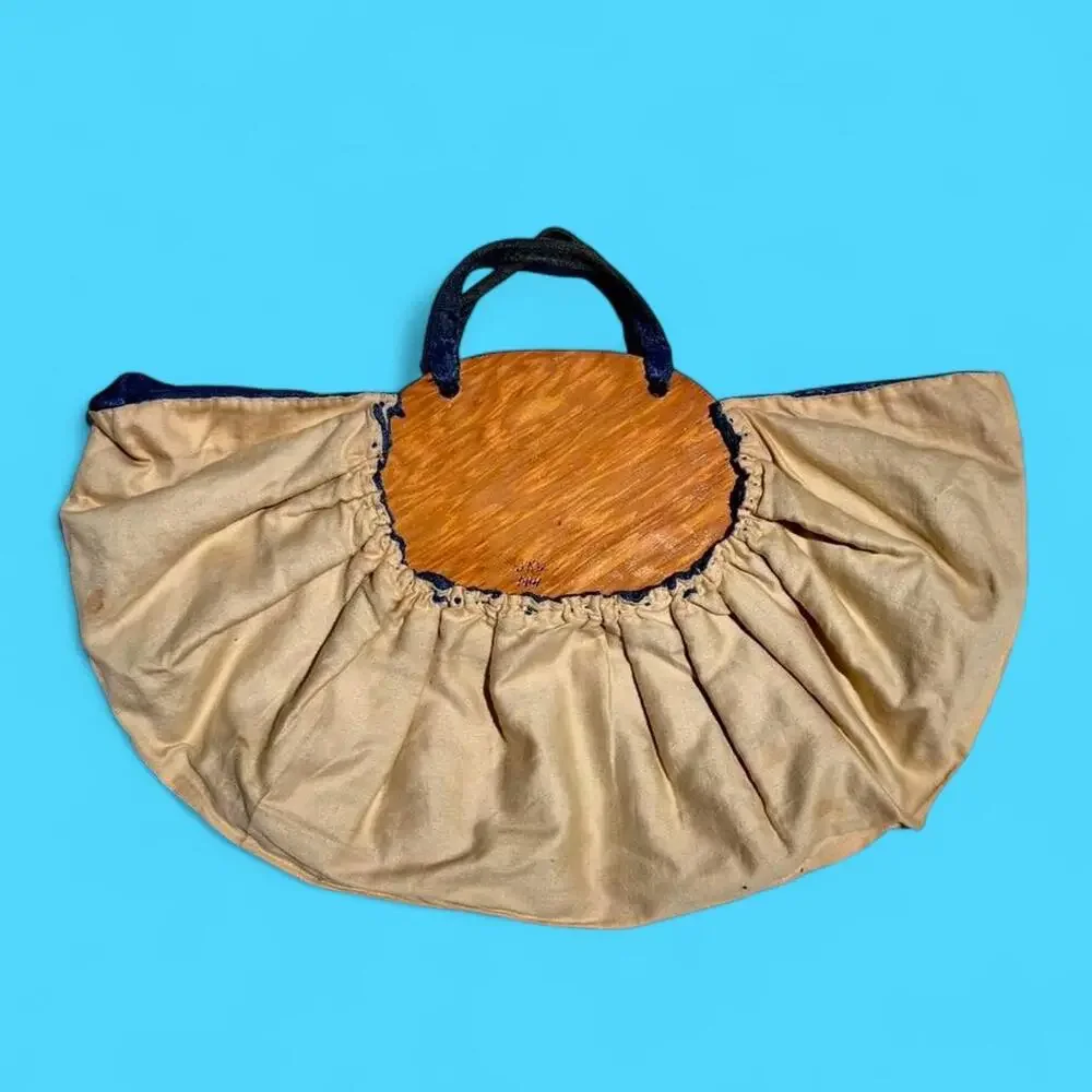 `1940s blue handmade silk tapestry novelty dog crescent shaped handbag